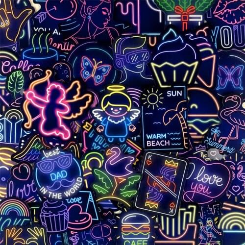 50PCS Neon Light Sticker Gifts Toys for Kids Funny Waterproof Vinyl Stickers Pack for Laptop Luggage Guitar Graffiti Car Sticker