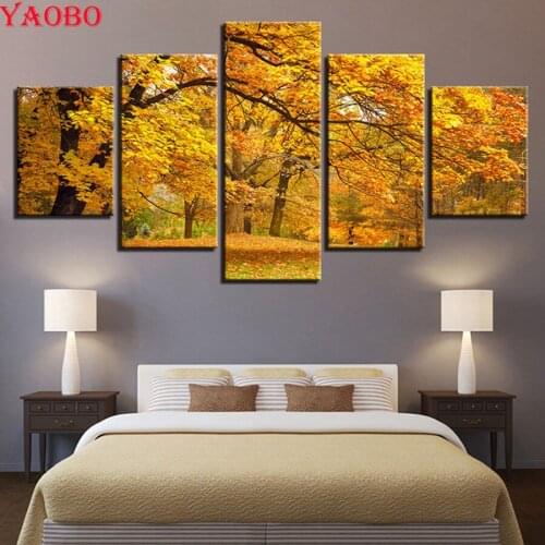 5d Cross Stitch Diy Diamond Painting Maple Leaf landscape Full Square round Diamond Embroidery 5 pcs mosaic painting by numbers