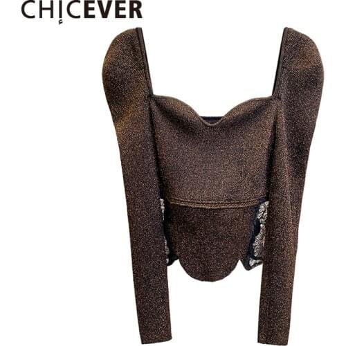 CHICEVER Thin Sweater For Women Square Collar Long Sleeve Knitting Pullovers Patchwork Lace Sexy Short Sweaters Female 2020 Tide