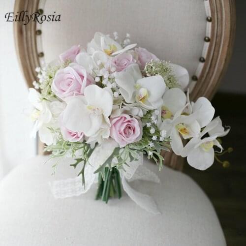 EillyRosia Fairy White Pink Bridal Bouquet Phalaenopsis Orchid Hydrangea Simulation Water Droplet Bride Holding Flowers 2020