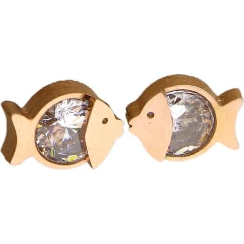 Hot Sale Fish With Rhinestone CZ Yellow Gold Color / White Gold Color / Rose Gold Color Titanium Steel Stud Earrings