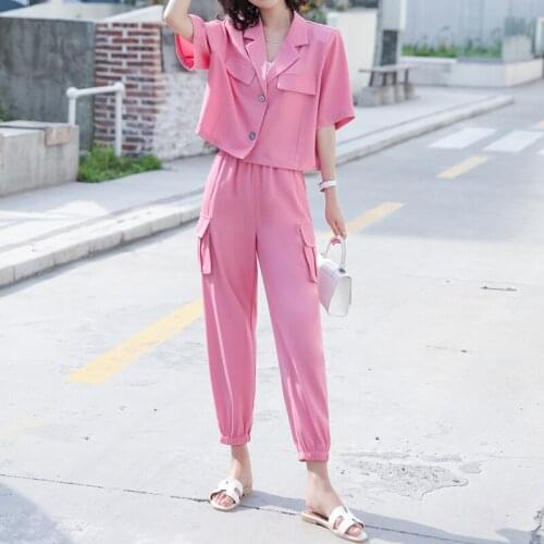 2021 Summer Chiffon Streetwear Pants High-Waist Straight Cargo Pants Student Loose Short-Sleeved Tops Shirt Casual Two-piece Set