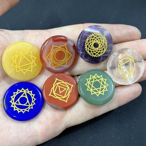 Natural Stone Carved 7 Chakra Pendant Round Shape Amethysts Crystal Quartz Lapis Lazuli Choker Reiki DIY Pendant Necklace