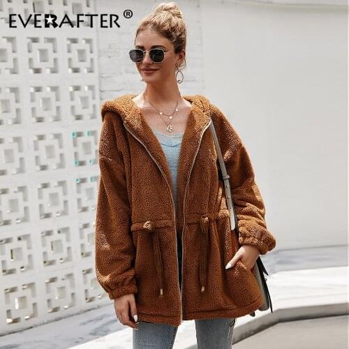 EVERAFTER Teddy long sleeve hooded coat women winter zipper loose drawstring streetwear lady elegant women coat outerwear 2019