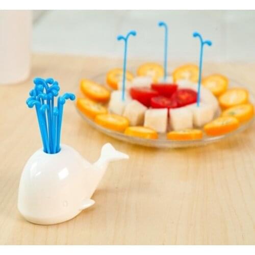 Plastic Blue Whale Shape Base Fruit Fork With 16 PCS Fork Cooking Fruit Vegetable Tool Gadgets Kitchen Supples Tool Accessories