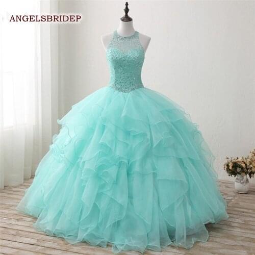 Sexy High Neck Mint Quinceanera Dresses Ball Gown Crystal Sweet 16 Dress For 15 Years Masquerade Formal Junior Party Gowns
