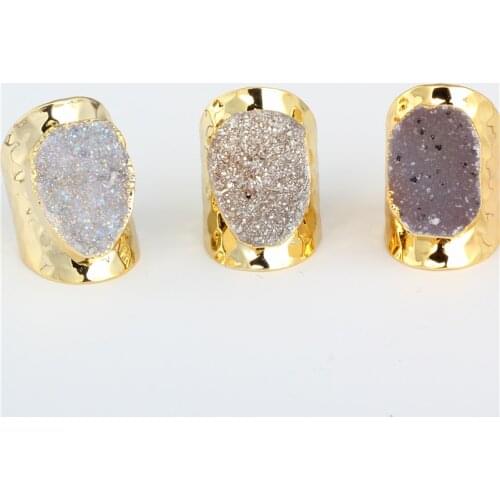 Luxury Natural Foggy Grey Rough Druzy Crystal Semi Precious Stone Pure Gold Color Metal Base Hammered Open Ring Cuff For Women
