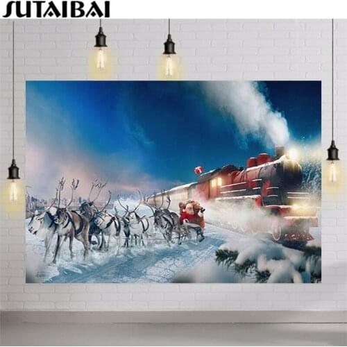 Christmas Photo Background Santa Claus Elk Winter Train Decoration Child Portrait Photo Wallpaper Photography Backdrop Studio