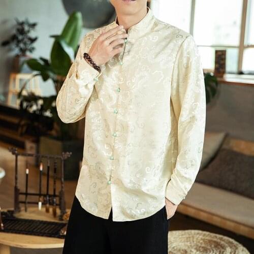 M-5XL Traditional Chinese Clothing for Men Autumn Streetwear Long Sleeve Silk Chinese Shirt Traditional Dragon Clothes XXXXXL