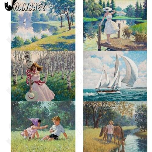 Vintage Girl Diamond Painting Sailing Boat Landscape 5D Diy Wall Art Childrens Cross Stitch Embroidery Inlaid Room Decoration