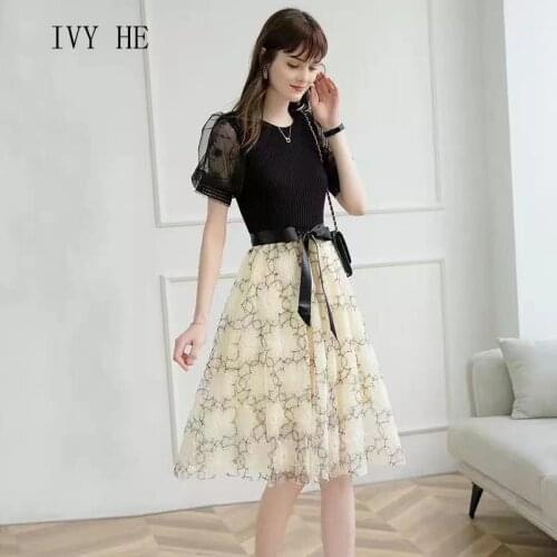 IVY HE High Quality Summer Dress Woman Clothing Knitting Stitching Mesh Embroidery Lace Long Dress Traf Robe ZA Party Dresses
