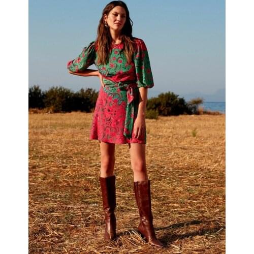 Women Green Floral Patterned Watermelon Sleeve Mini Dress Spring Summer Beach Holiday Casual Bohemian Style Dresses 2021 New