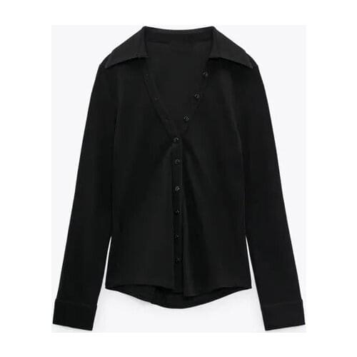 Za 21 fall and winter new womens V-neck button-up slim solid color single-breasted shirt top