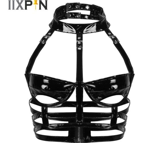 Bras Women Punk Gothic Wet Look Patent Leather Sexy Lingerie Caged Bra Top Halter Neck Cups Cutout Low Back Sexy Bralette Tops