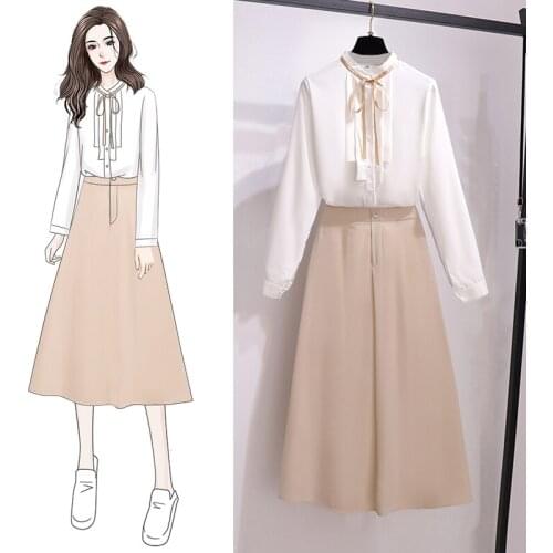Fairy Skirt Suit Chiffon Blouse Top Long Shirt With Long Sleeves Autumn Coat Of Long Skirts Suits Women Office Otufit Set Cloth