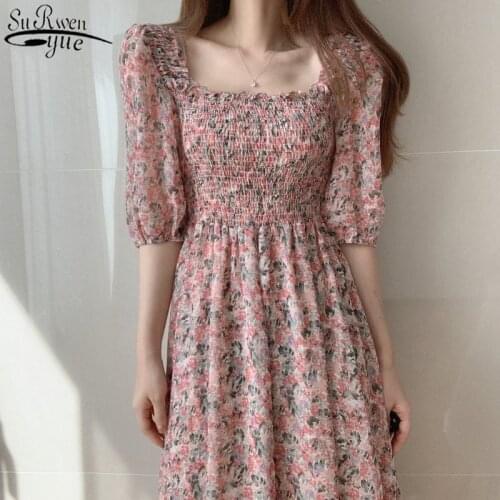 Party Dress Elegant Square Neck Chiffon Dress Summer Dress for Women Bubble Sleeve Floral High Waist Long Dress Vestidos 13853