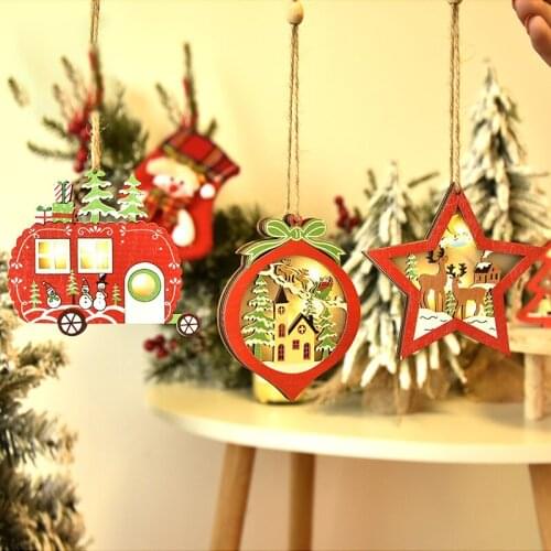 1Pc LED Light Christmas Tree Star Car Wooden Pendants Ornaments Xmas DIY Crafts Kids Gift for Home Christmas Party Decorations