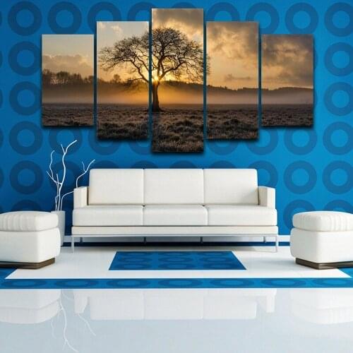 5 Panels Canvas Painting Wall Art Print Poster Desert Single Tree Sunrise Landscape Photo Living Room Bedroomdecor Home Decor