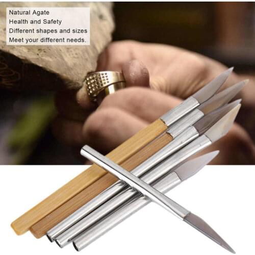 6pc Knife Edged Agate Burnisher Set Craft Polishing Tools Carving Precious Metal with Bamboo Iron Handle Jewelry Tools Accessory