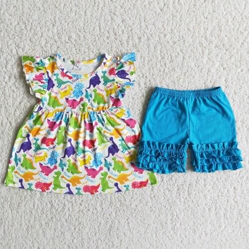 Summer Baby Girls Set Cute Dinosaur Tunic 100% Cotton Blue Shorts with Ruffles Boutique Children Clothes