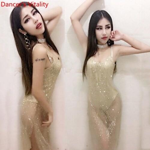 New Western Bar DS Performance Costume Nightclub DJ Singer Sexy Sparkling Sequin Shoulder-strap Body Suit Pole Dance Dress Outfi
