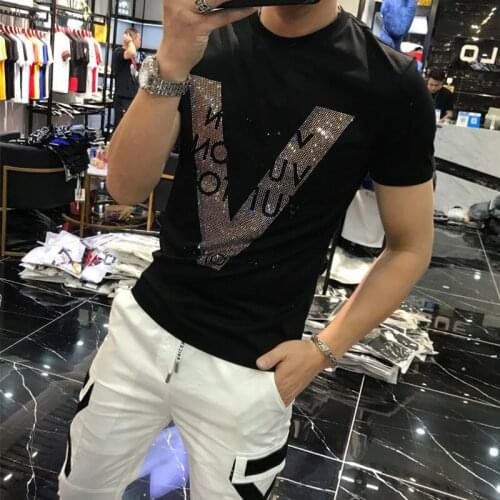 Summer Mens Mercerized Cotton V-Shaped Letter Pattern Rhinestone T-Shirt Street Fashion Short-Sleeve Male Quality Top Clothes