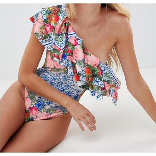 Single Shoulder Monokini One Piece Printed Blue and White Porcelain Swimwear Ruffle Bathing Suit New Beach Wear