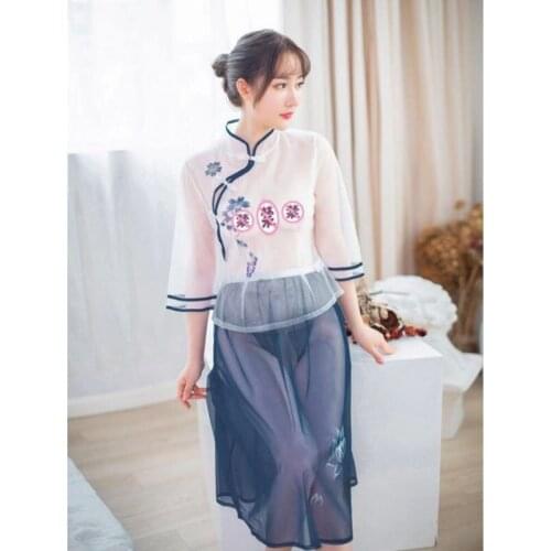 2021 new sexy underwear retro small fresh print Republic of China dress perspective temptation dress open crotch three suits