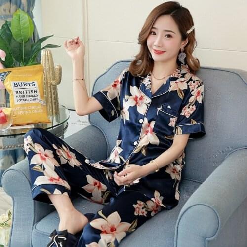 New Summer Womens Pajamas Set Sexy Silk Satin Turn-down Collar Nightgown Sleepwear Short Sleeve Long Pant Plus Size