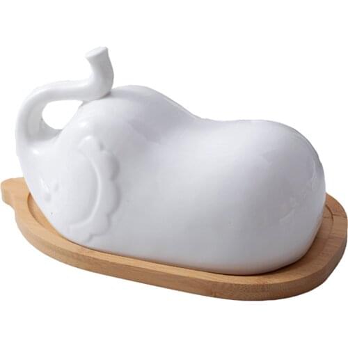 Butter Plate with Lid Elephant Shape Butter Dish with Ceramic Lid Simple Wooden Plate Household Tableware for Restaurant Hotel
