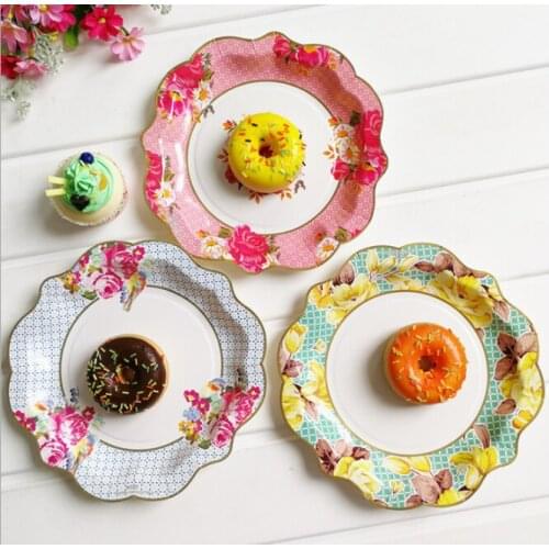 Wholesales 22Cm 9Inch Oriental Style Flowers Porcelain Pattern Retro Style Paper Plates Dinner Set Disposable Food Grade Paper