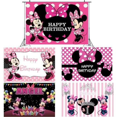 Baby Girl 1st Birthday Party Decorations Backdrops Wall Minnie Mouse Theme Photography Backgrounds Vinyl Cloth Photo Backdrops