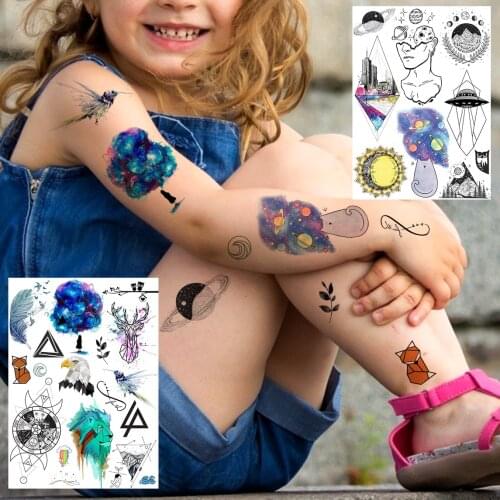Funny Universe Star Temporary Tattoos For Kids Children Watercolour Planet Geometric Tattoo Sticker Fake Mountains Waterproof
