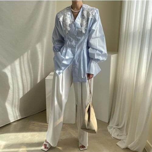 Temperament milk soft blue V collar hollow hook flower splicing folding waist single-breasted lantern sleeve shirt female