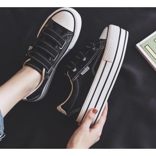 2021 Spring New Shoes Girls Women Canvas Shoes 5.0cm High Heel Thick Soled Solid Color White Black Sneakers Gumshoes 34-39