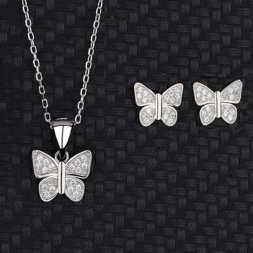 Europe And The United States S925 Sterling Silver Butterfly Necklace Female Earrings Two Sets Of Fashion Butterfly Temperament