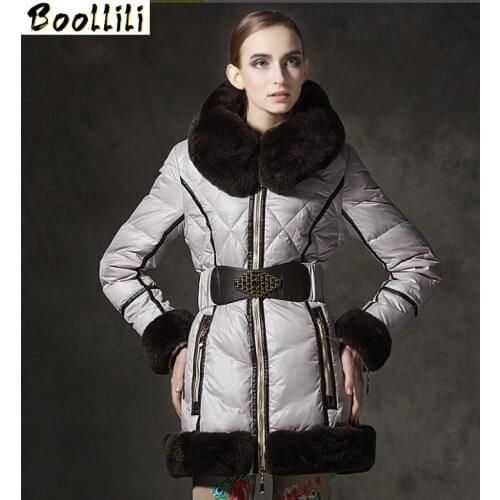 Boollili Womens Down Jacket Winter White Duck Down Warm Coat Women Fashion Real Rabbit Fur Collar Thick Puffer Jackets