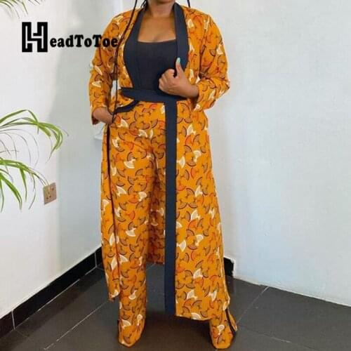 Chic Print Vintage Long Cardigan Tops & Pants Set Casual Women Two Piece Set