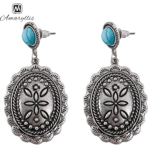 Amaiyllis Tibetan Metal Pendant Stud Earrings Ethnic Turquoises Post Earrings Gypsy Statement Women Earrings Brincos Pendientes