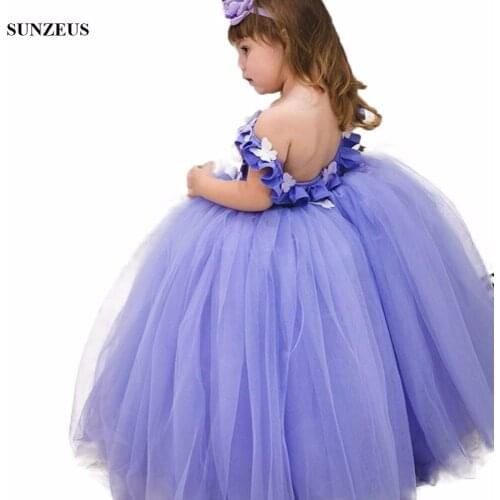 Ball Gown Purple Flower Girl Dress Kids Birthday Party Dress Floor Length Long Tulle Low Back Gowns For Children FLG016