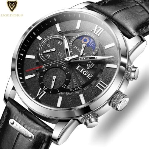 2021 LIGE Top Brand Luxury Chronograph Army Military Watches Clock Leather Sport Watch Men Quartz Wristwatch Relogio Masculino