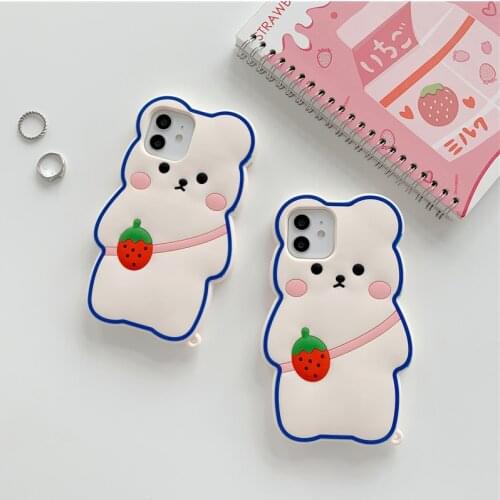 Cute Pink Strawberry Bears Heavy Duty TPU Phone Case For iPhone 8 7 Plus SE2020 X XR XS 11 12 Pro Max Soft Silicone Rubber Cover