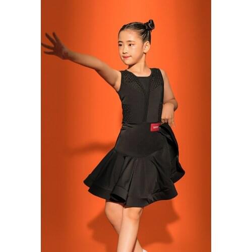 2020 New Latin Dance Practice Clothes For Kids Red/Yellow/Black Mesh Costumes Latin Competition Performance Stage Dress VO1205
