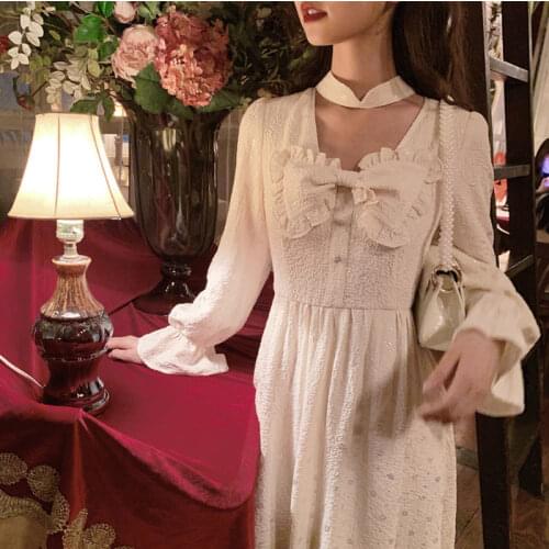 French Fairy Dress Autumn Japanese Soft Girl Cute Bow Ruffled Dress Missy Retro Victorian Medieval Princess Dress