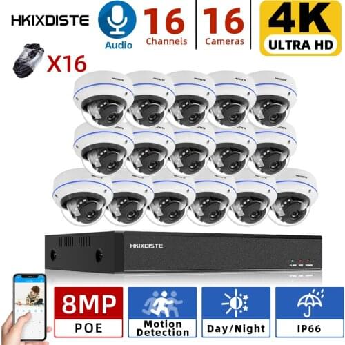 HKIXDISTE H.265 16CH 4K POE NVR Kit 8MP CCTV System 8MP In/Outdoor VandalProof Security IP Dome Camera Video Surveillance set
