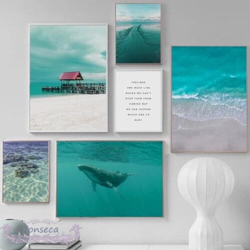 Blue Sea Beach Whale Bridge Landscape Canvas Painting Nordic Quotes Posters and Prints Wall Art Pictures for Living Room Decor