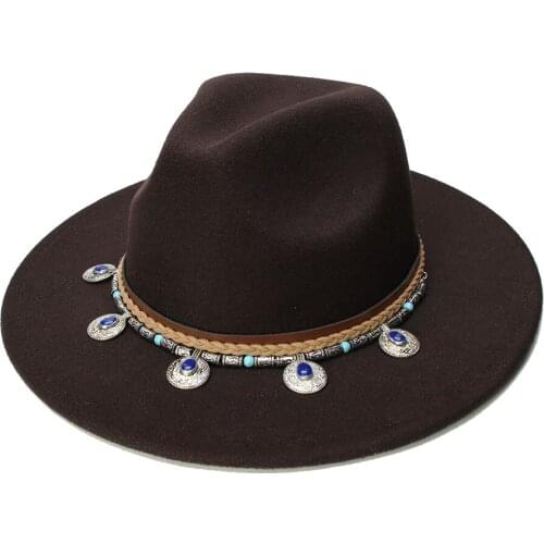 LUCKYLIANJI Retro Women Men Vintage Wool Wide Brim Cap Fedora Panama Jazz Bowler Hat Alloy Pendant Leather Band(57cm/adjusted)