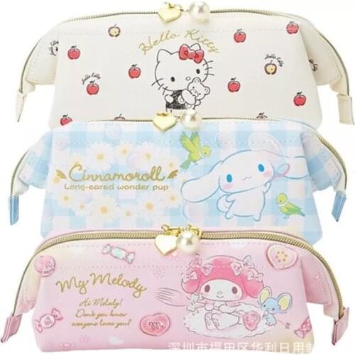 Cartoon cute pencil case hello kitty student stationery storage bag PU leather cosmetic bag pearl zipper storage bag 22*8*8cm