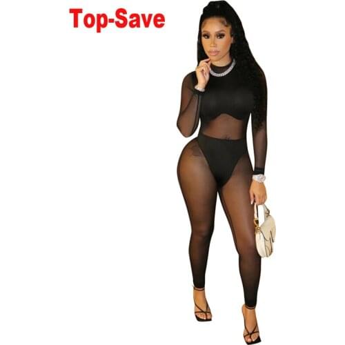 Fashion Night Club Party Sexy Jumpsuit Woman Mesh See Through Bodysuit One Piece Long Sleeve Lace Overalls Black Workout Clothes