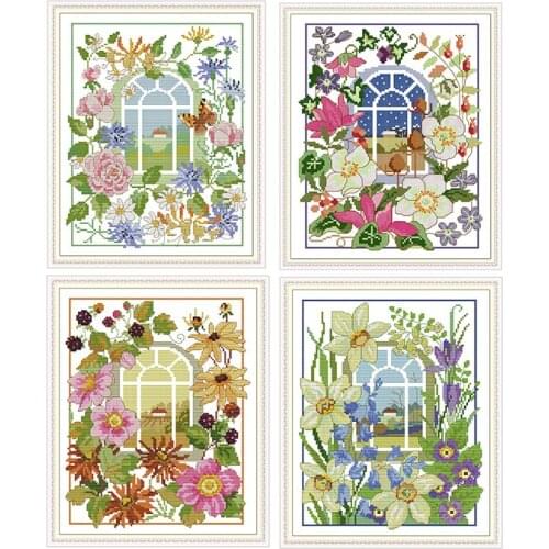 Joy Sunday The four seasons scenery window Cross Stitch Printed Canvas 11&14CT DIY Ecological Cotton Cross Stitch Embroidery Kit